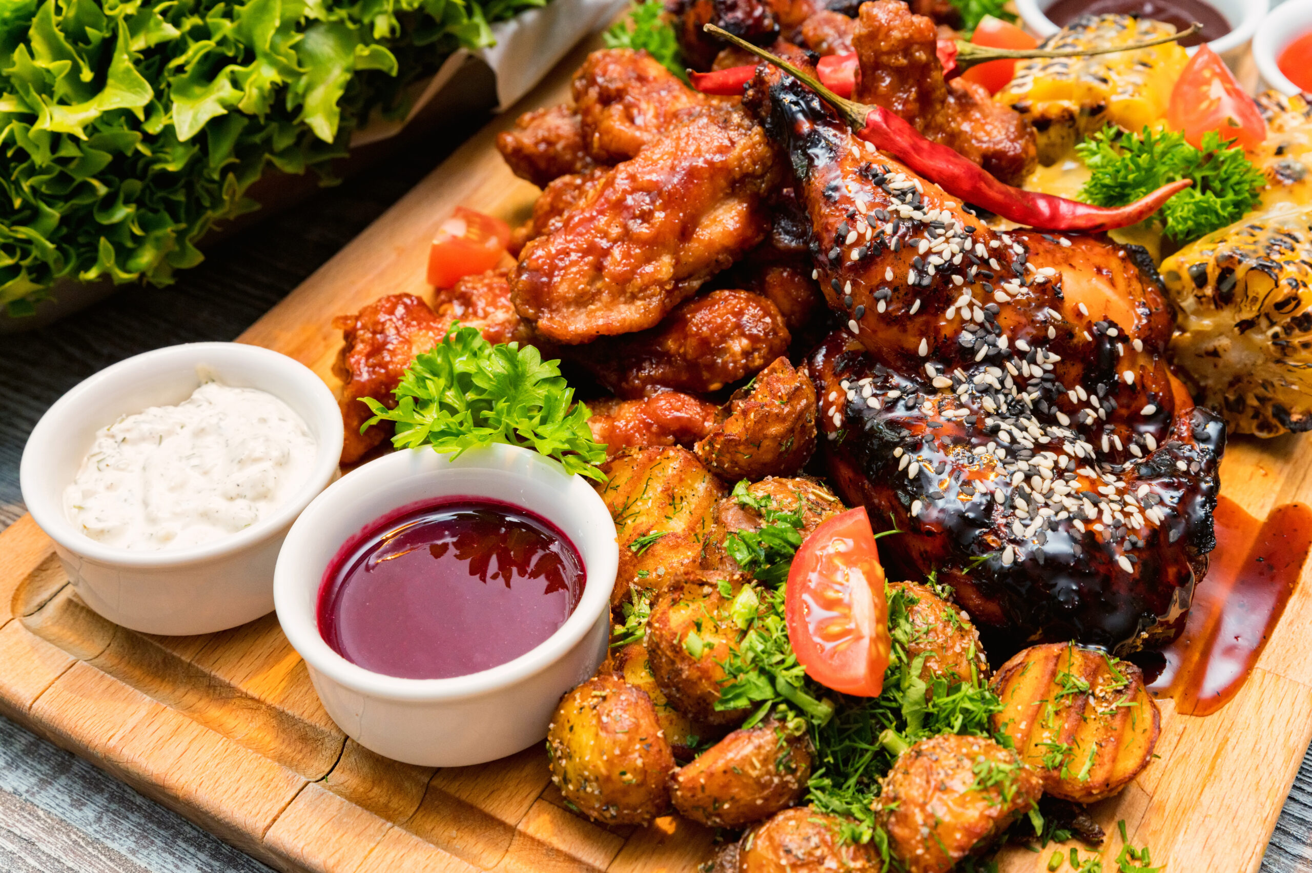 Barbecue chicken with corn, fried potato, sauces, fresh tomatoes and garnish on wooden table. Selective focus.